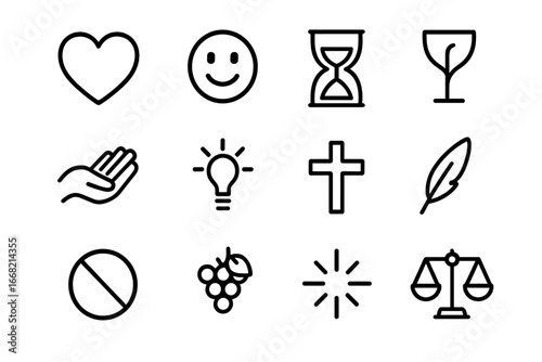 Christian Virtues Icons. Outline icon set of Christian virtues and spiritual fruits: love heart, joy smile,