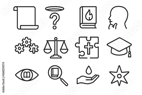 Theology Icon Set. Outline icon set of theology and doctrine symbols: open scroll, question mark halo, book