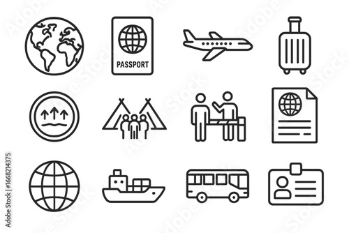 Global Migration Icons. Outline icon set of global migration: world map, passport, airplane, suitcase,