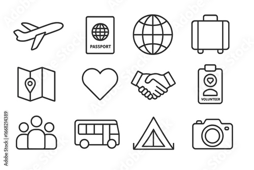 Global Volunteer Icons. Outline icon set of global volunteer travel: airplane, passport, globe, suitcase, map,