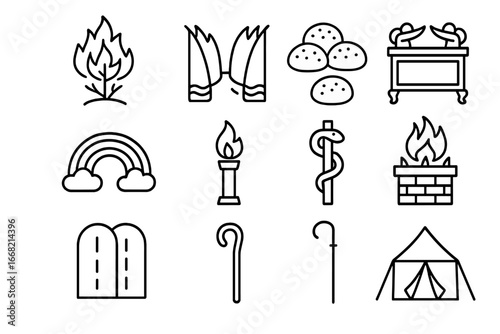 Old Testament Icons Grid. Outline icon set of Old Testament grace symbols: burning bush, parted sea, manna