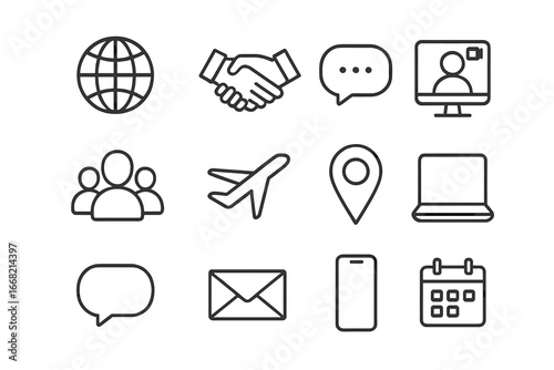 Global Networking Icons. Outline icon set of global networking: globe, handshake, chat bubble, video call icon