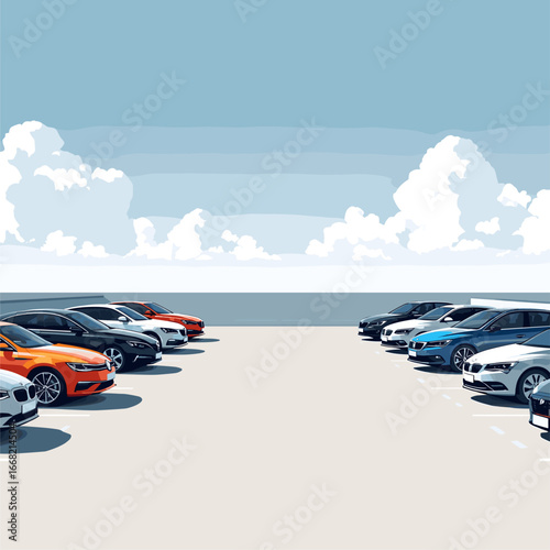 Rows of modern cars parked at an outdoor coastal lot under a clear sky, overlooking the ocean