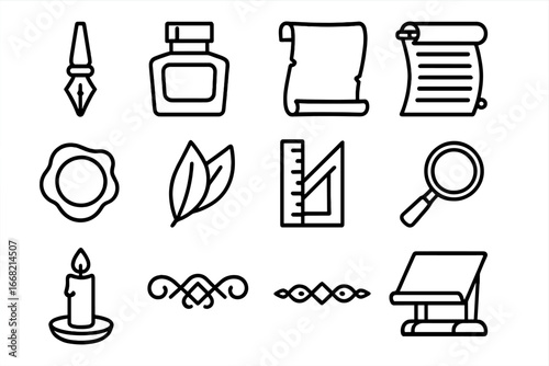 Gothic Script Tools Icons. Outline icon set of Gothic script tools: broad nib pen, ink bottle, vellum,