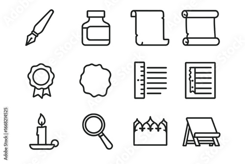 Gothic Script Tools Icons. Outline icon set of Gothic script tools: broad nib pen, ink bottle, vellum,