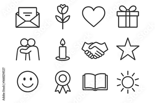 Gratitude Icon Set. Outline icon set of gratitude in friendships: thank you note, flower, heart, gift box, hug