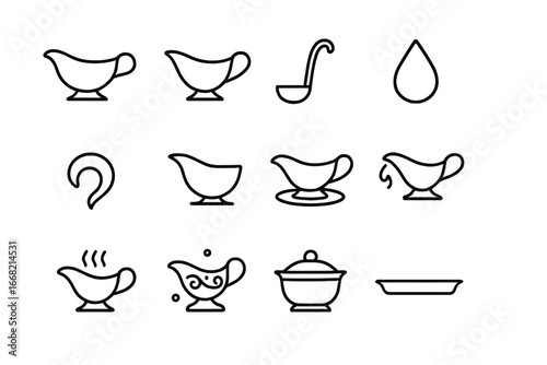Gravy Boat Icons. Outline icon set of gravy boat: ceramic gravy boat, metal gravy boat, gravy ladle, sauce