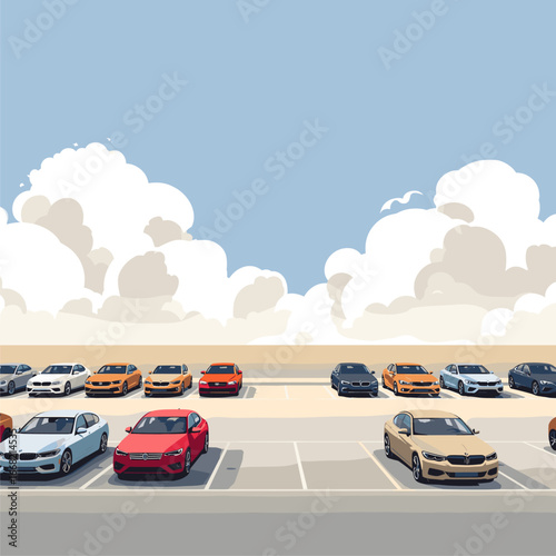 Outdoor Parking Lot with Diverse Cars Under Blue Sky and Clouds, Flat Landscape Background