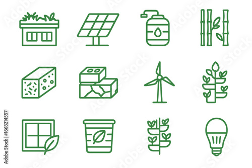 Green Architecture Icons. Outline icon set of green architecture elements: living roof, solar panel, rainwater