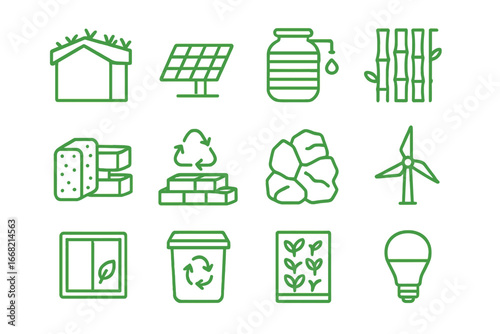 Green Architecture Icons. Outline icon set of green architecture elements: living roof, solar panel, rainwater