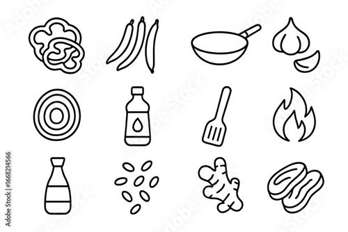 Stir-Fry Ingredient Icons. Outline icon set of stir-fry preparation: sliced bell peppers, green beans, wok pan