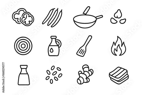 Stir-Fry Ingredient Icons. Outline icon set of stir-fry preparation: sliced bell peppers, green beans, wok pan