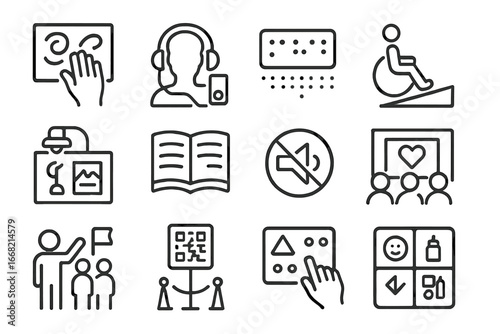 Accessible Art Icons. Outline icon set of accessible art exhibits: tactile art, audio guide, braille plaque,
