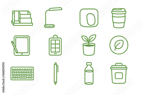 Green Workspace Icons. Outline icon set of green workspace essentials: bamboo desk organizer, LED lamp, cork