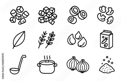 Soup Ingredient Icons. Outline icon set of soup ingredient prep: chopped carrots, diced potatoes, sliced leeks