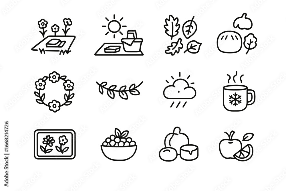 Fototapeta premium Seasonal Picnic Icons. Outline icon set of seasonal picnic scenes: spring meadow, summer sun, autumn leaves,