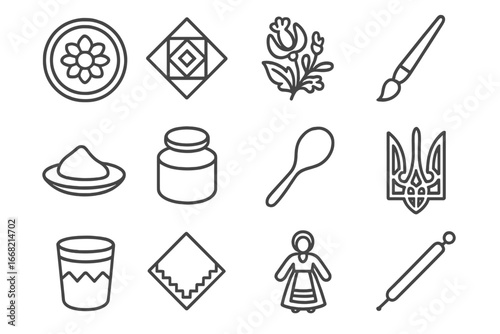 Folk Art Icon Set. Outline icon set of traditional folk painting on wood: decorative plate, geometric motif,
