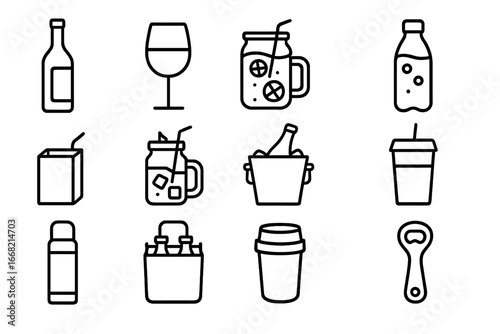 Picnic Drink Icons. Outline icon set of picnic-friendly drinks: wine bottle, rosé glass, lemonade jar,