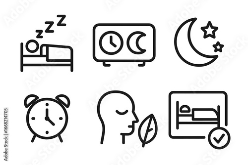 Sleep and time management symbols: person sleeping, alarm clock, moon, stars, digital clock, meditation, bed checkmark