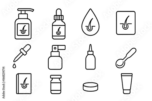Hair Growth Serum Icons. Outline icon set of hair growth serums: pump bottle, dropper bottle, oil droplet,