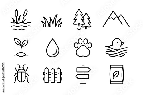 Habitat Restoration Icons. Outline icon set of habitat restoration: wetland, grassland, forest, mountain, tree