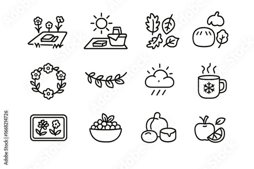 Seasonal Picnic Icons. Outline icon set of seasonal picnic scenes: spring meadow, summer sun, autumn leaves,
