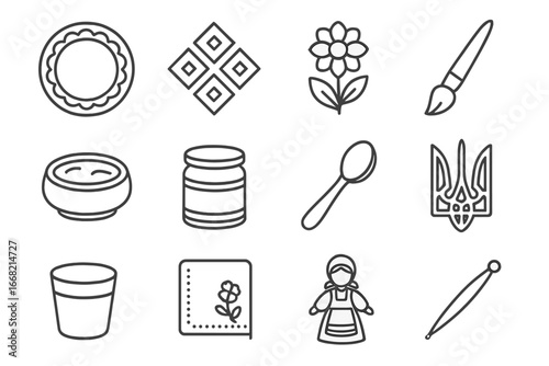 Folk Art Icon Set. Outline icon set of traditional folk painting on wood: decorative plate, geometric motif,