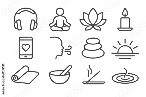 Guided Meditation Icons. Outline icon set of guided meditation sessions: headphones, meditating person, lotus