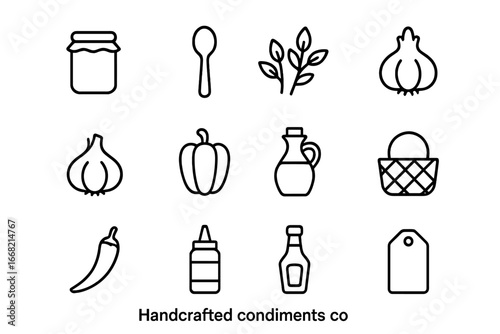 Handcrafted Condiments Icons. Outline icon set of handcrafted condiments: jar, spoon, herbs, garlic, onion,