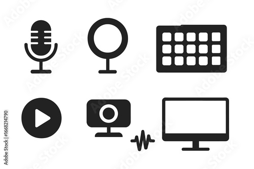 Modern icons for audio and video production equipment, microphones, cameras, screens, and keyboards