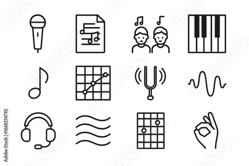 Harmony Icon Collection. Outline icon set of harmony practice: microphone, sheet music, two singers, piano