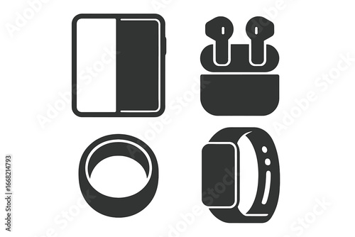 Modern electronic gadget icons: foldable phone, wireless earbuds, smart ring, fitness tracker