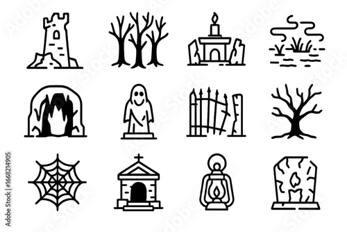 Haunted Location Icons. Outline icon set of haunted locations: crumbling tower, dark forest, abandoned altar,