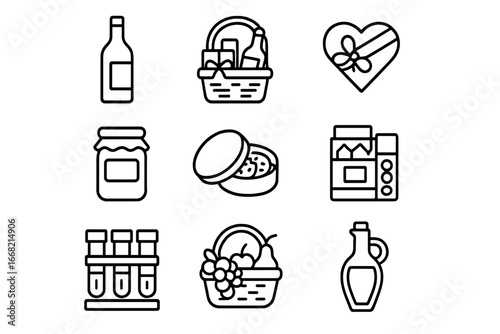 Food and Drink Icons. Outline icon set of food and drink gifts: wine bottle, gourmet basket, chocolate box,