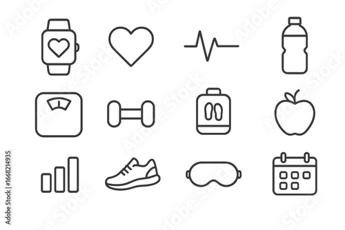 Health Tracker Icons. Outline icon set of personalized health tracking: smartwatch, heart icon, ECG line,