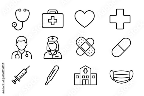 Healthcare Icon Set. Outline icon set of healthcare volunteering: stethoscope, first aid kit, heart, cross