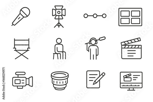Documentary Production Icons. Outline icon set of documentary interviews: handheld mic, lighting setup,