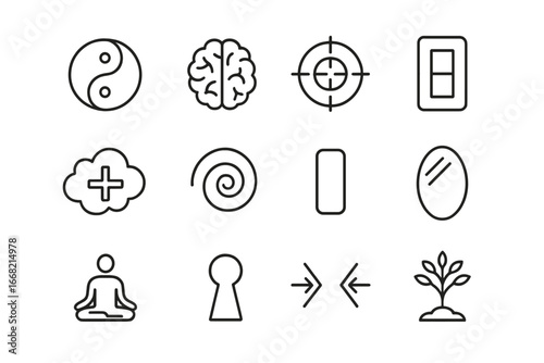 Mindset Shift Icons. Outline icon set of mindset shift: yin yang, brain, focus target, light switch, positive