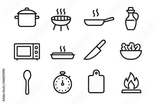 Healthy Cooking Icons. Outline icon set of Healthy cooking methods: steaming pot, grill, sauté pan, olive oil