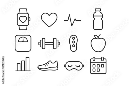 Health Tracker Icons. Outline icon set of personalized health tracking: smartwatch, heart icon, ECG line,