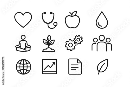 Health Startup Icons. Outline icon set of health and wellness startups: heart, stethoscope, apple, water drop,