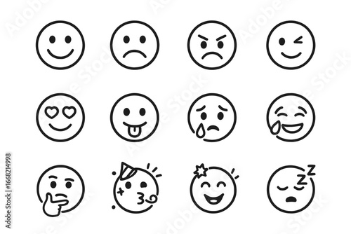 Emoji Icon Set. Outline icon set of emoji design: happy face, sad face, angry icon, winking eye, love eyes,