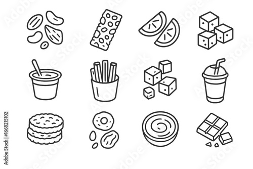 Healthy Snack Icons. Outline icon set of Healthy snacks: mixed nuts, granola bar, fruit slices, yogurt cup,