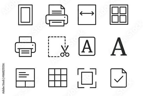 Label Design Icon Set. Outline icon set of printable label design: label layout, paper feed, label dimensions,