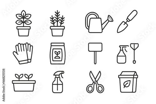 Herb Gardening Icons. Outline icon set of herb gardening: potted basil, potted rosemary, watering can, trowel,