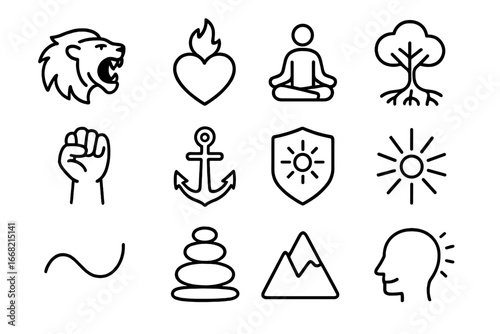 Inner Strength Icons. Outline icon set of inner strength: roaring lion, flame heart, centered pose, tree roots