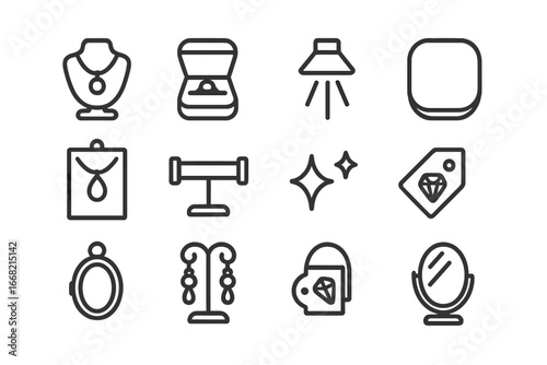 Jewelry Display Icons. Outline icon set of jewelry display aesthetics: necklace stand, ring box, spotlight,