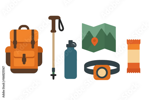 Outdoor adventure equipment for hiking and camping, including backpack, trekking pole, water bottle, and map