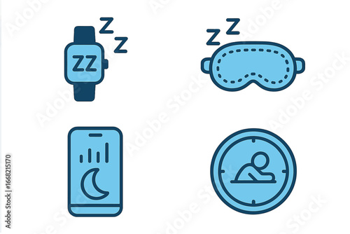 Sleep tracking icons: smartwatch, eye mask, smartphone app, sleep cycle monitoring