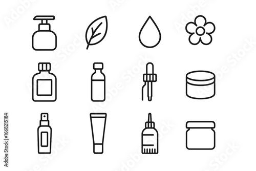 Herbal Hair Oil Icons. Outline icon set of herbal hair oils: pump bottle, leaf, oil droplet, flower, label,